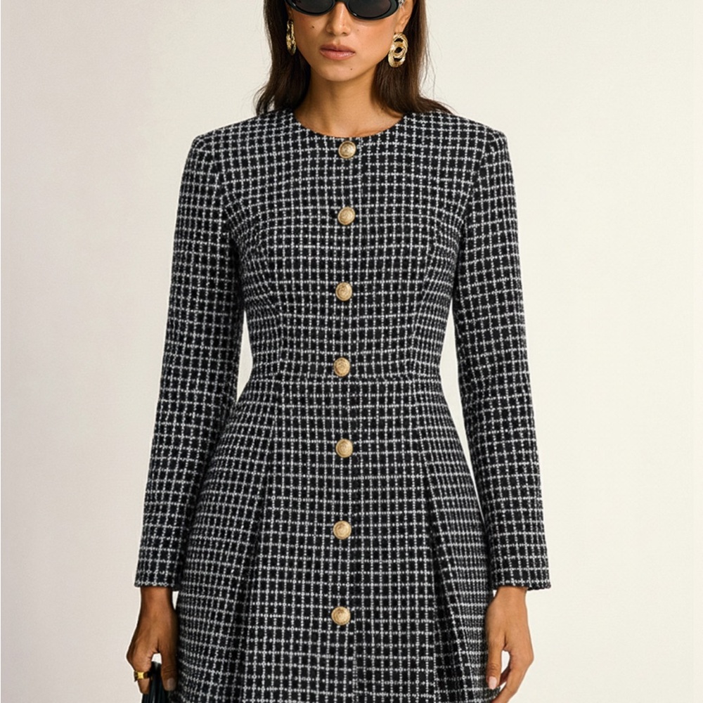 Commense Elegant Black and White Checkered Long Sleeve Dress